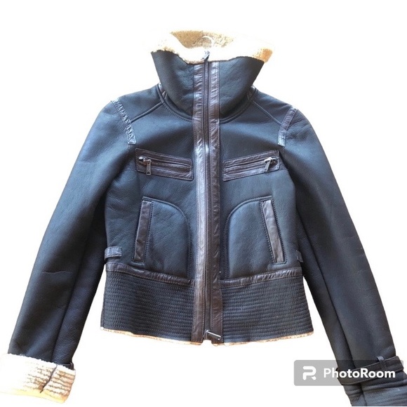 Vince Genuine Brown Leather Moto Flight Jacket with Shearing interior - Picture 4 of 13